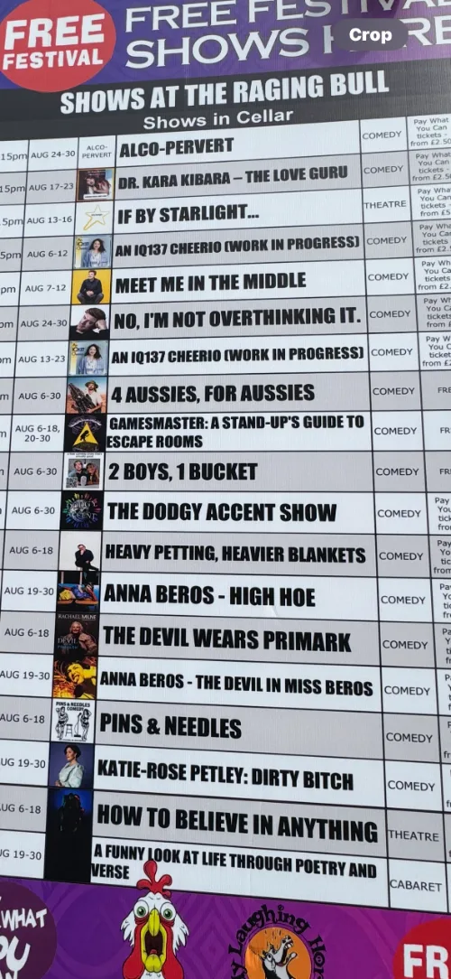 Free Festival shows board at The Raging Bull, featuring An IQ137 Cheerio
