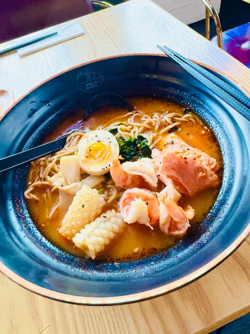 A seafood ramen bowl