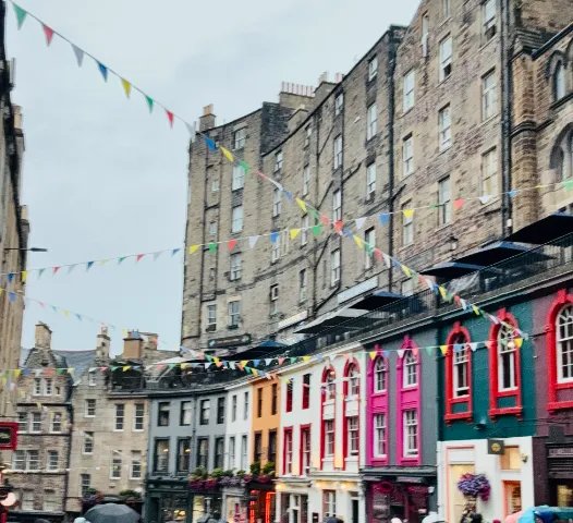Bunting over Victoria Street in the rain