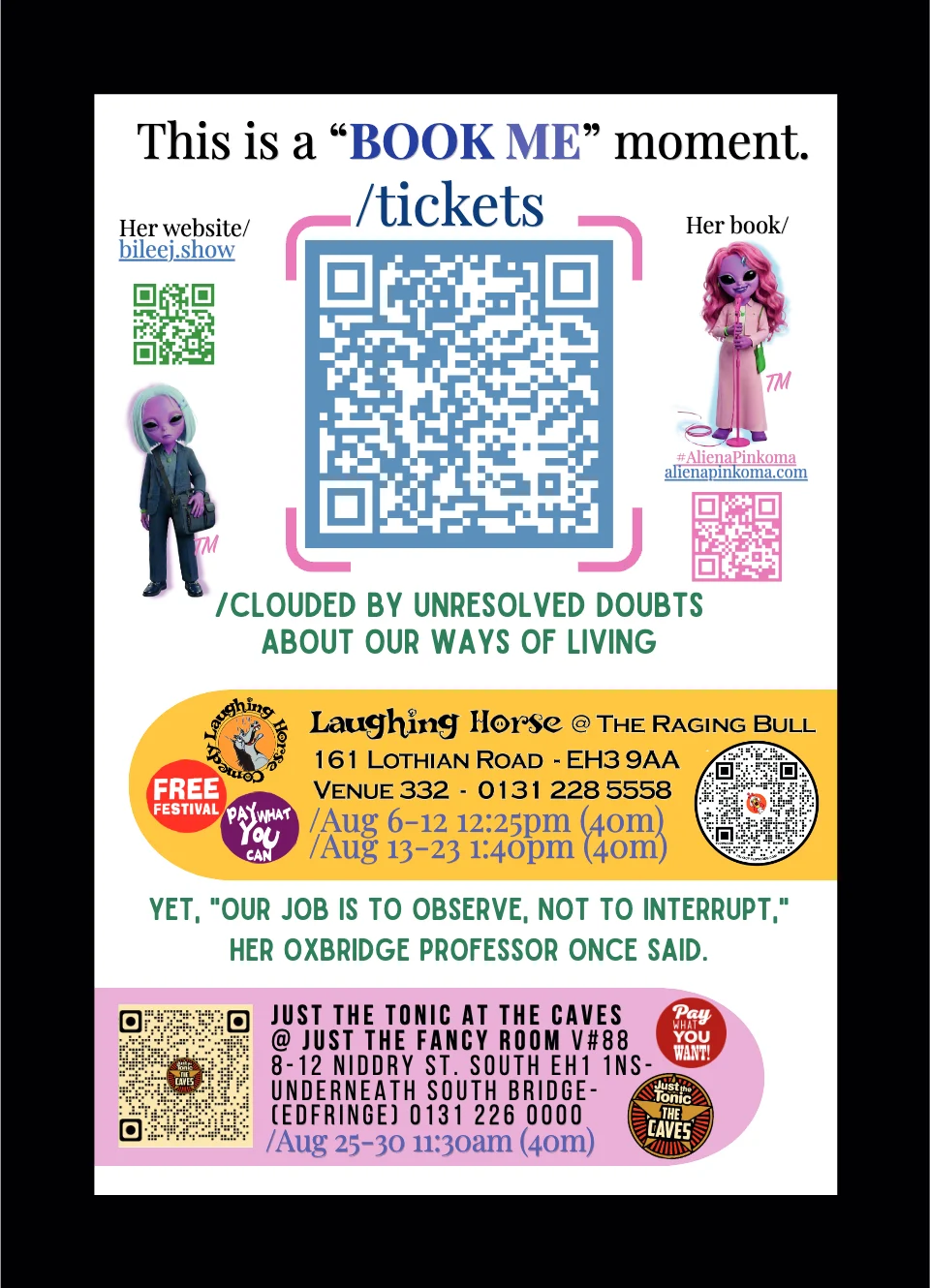 Flyer back: QR codes for tickets, bileej.show and the book, with venues and show times