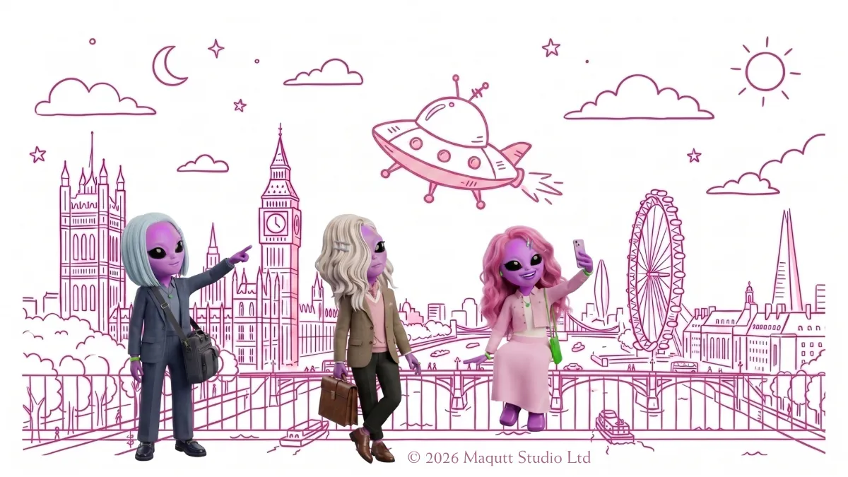 Three aliens visiting London: Big Ben, a flying saucer and the London Eye